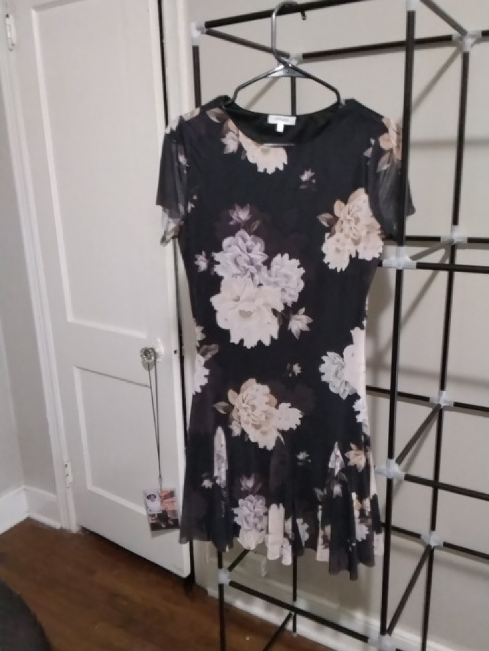 Persaya Black Mini Dress with Cream Floral Print